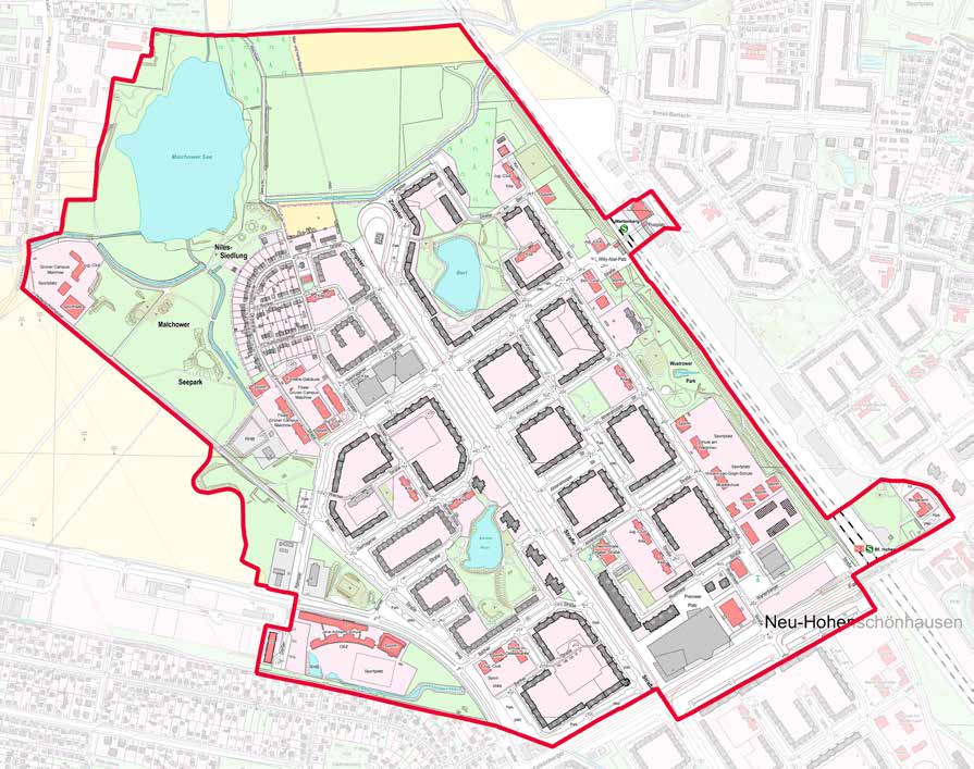 Übersichtskarte eines Stadtgebiets mit rot markierter Grenze, Wohnquartieren, Grünflächen und Seen.